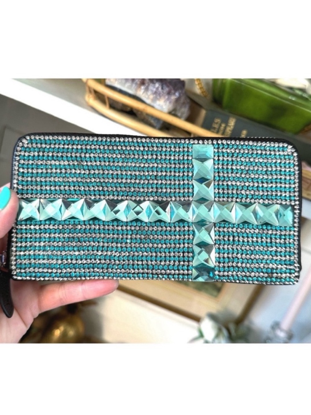 Stylish Blue women's wallet featuring vibrant multicolor Rhinestones